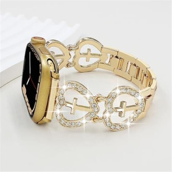 NEW Gold Bling Rhinestone Cross Heart Apple Watch Band - Picture 3 of 4